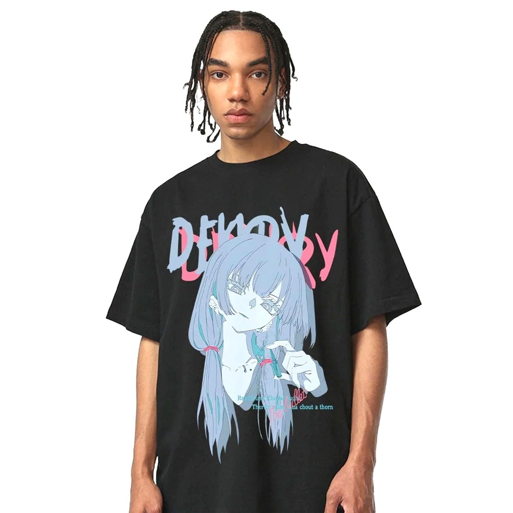 AOKLOK Anime Girl Graphic Tee Black Short Sleeve Demon Streetwear T-Shirt